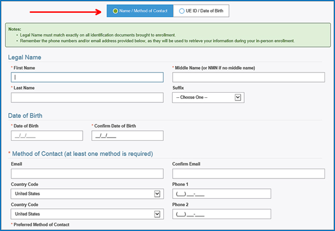 screenshot of choosing Name/Method of Contact