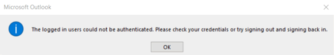 The logged in users could not be authenticated. Please check your credentials or try signing out and signing back in.