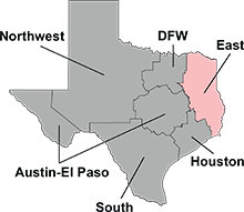 Map of DFPS districts with East District highlighted