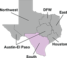 Map of DFPS districts with South District highlighted